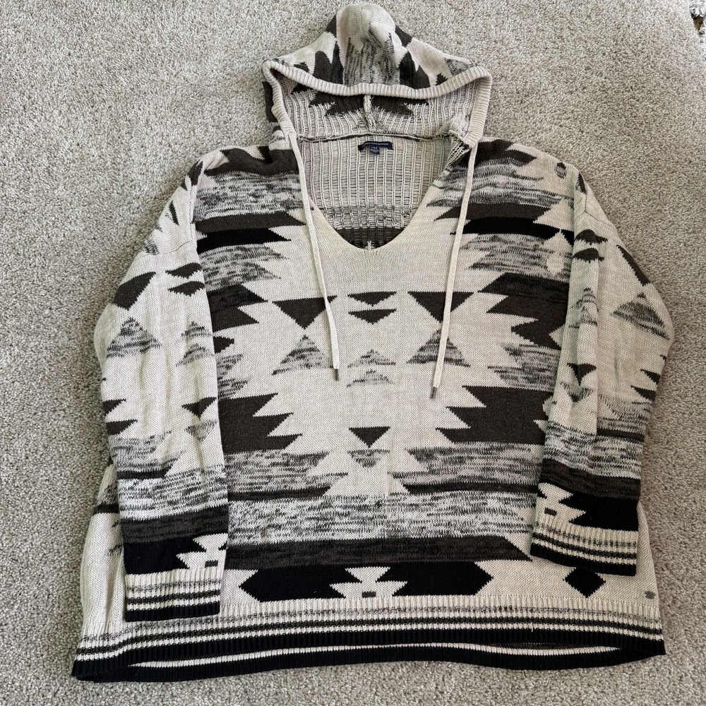 American Eagle Sweater Womens Large Beige Hooded V Neck Aztec Knit Pullover